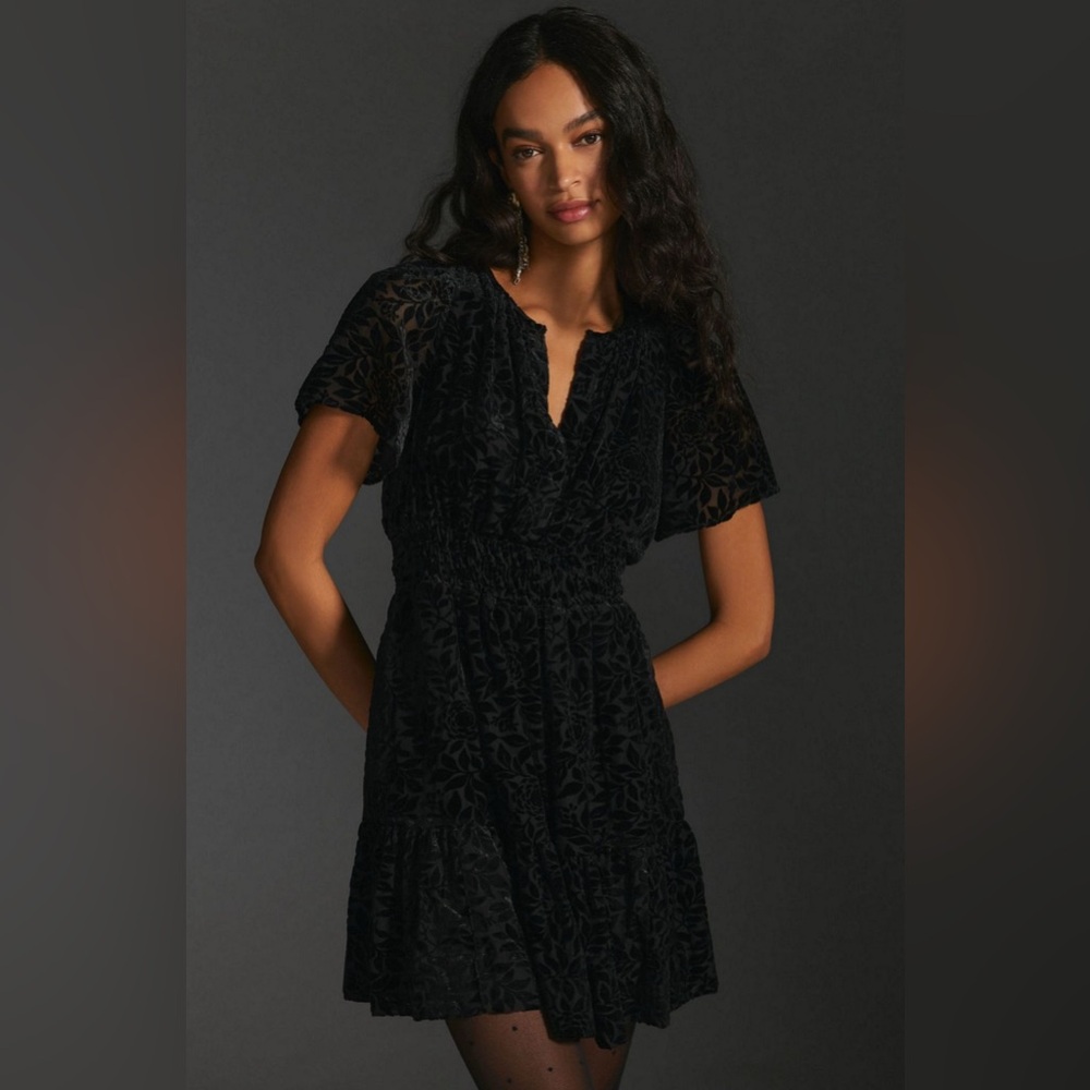 Anthropologie Black Velvet Floral Mini Dress